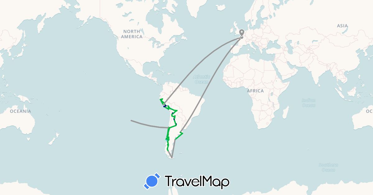 TravelMap itinerary: driving, bus, plane, train, hiking, boat in Argentina, Bolivia, Chile, France, Peru (Europe, South America)